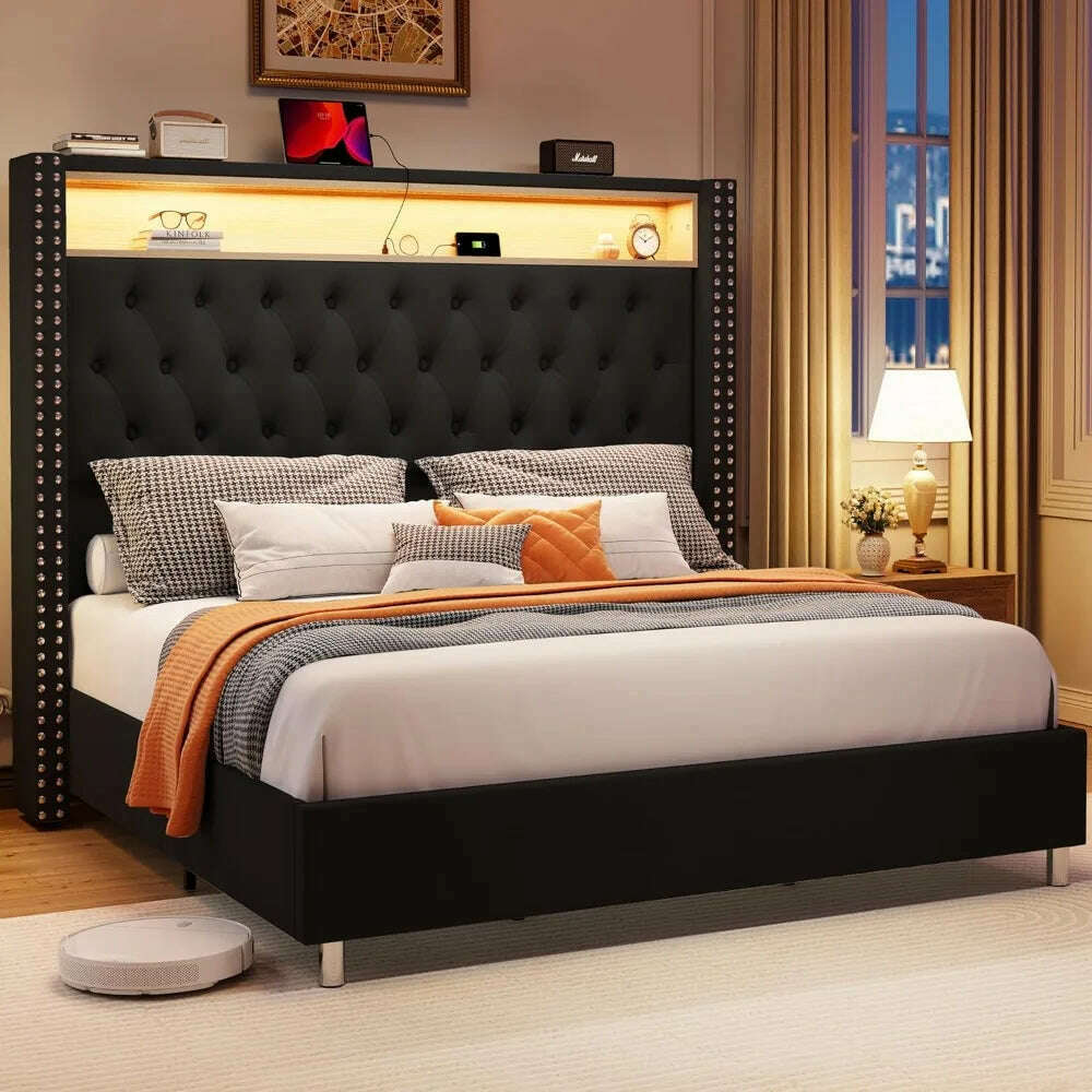 Large Bed Frame 53.6 Inches High Headboard with LED Lights and Charging Station, Velvet High Cushion