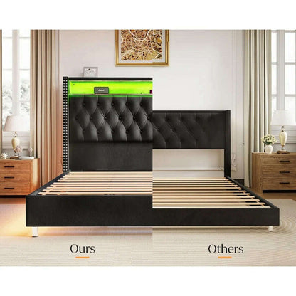 Large Bed Frame 53.6 Inches High Headboard with LED Lights and Charging Station, Velvet High Cushion