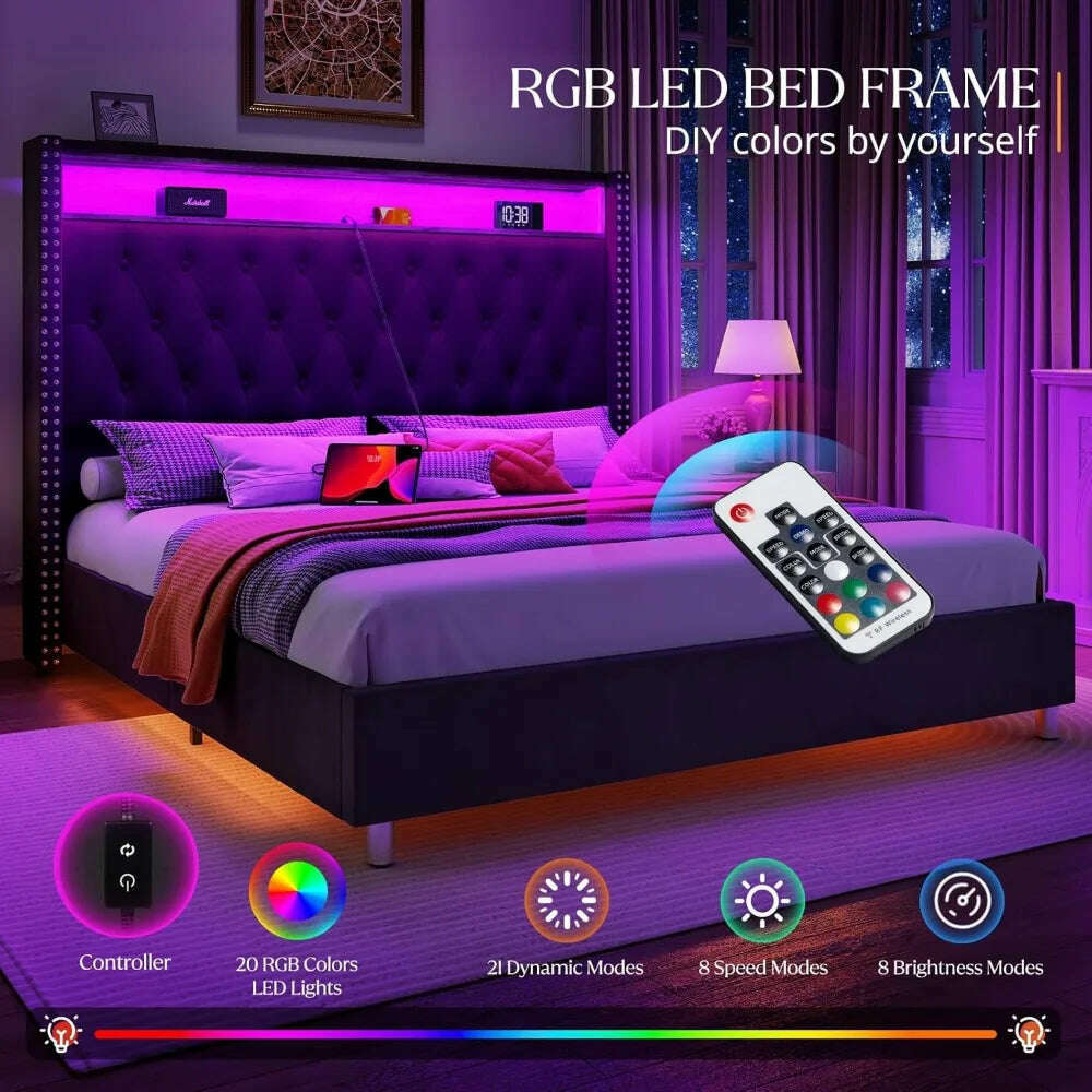 Large Bed Frame 53.6 Inches High Headboard with LED Lights and Charging Station, Velvet High Cushion