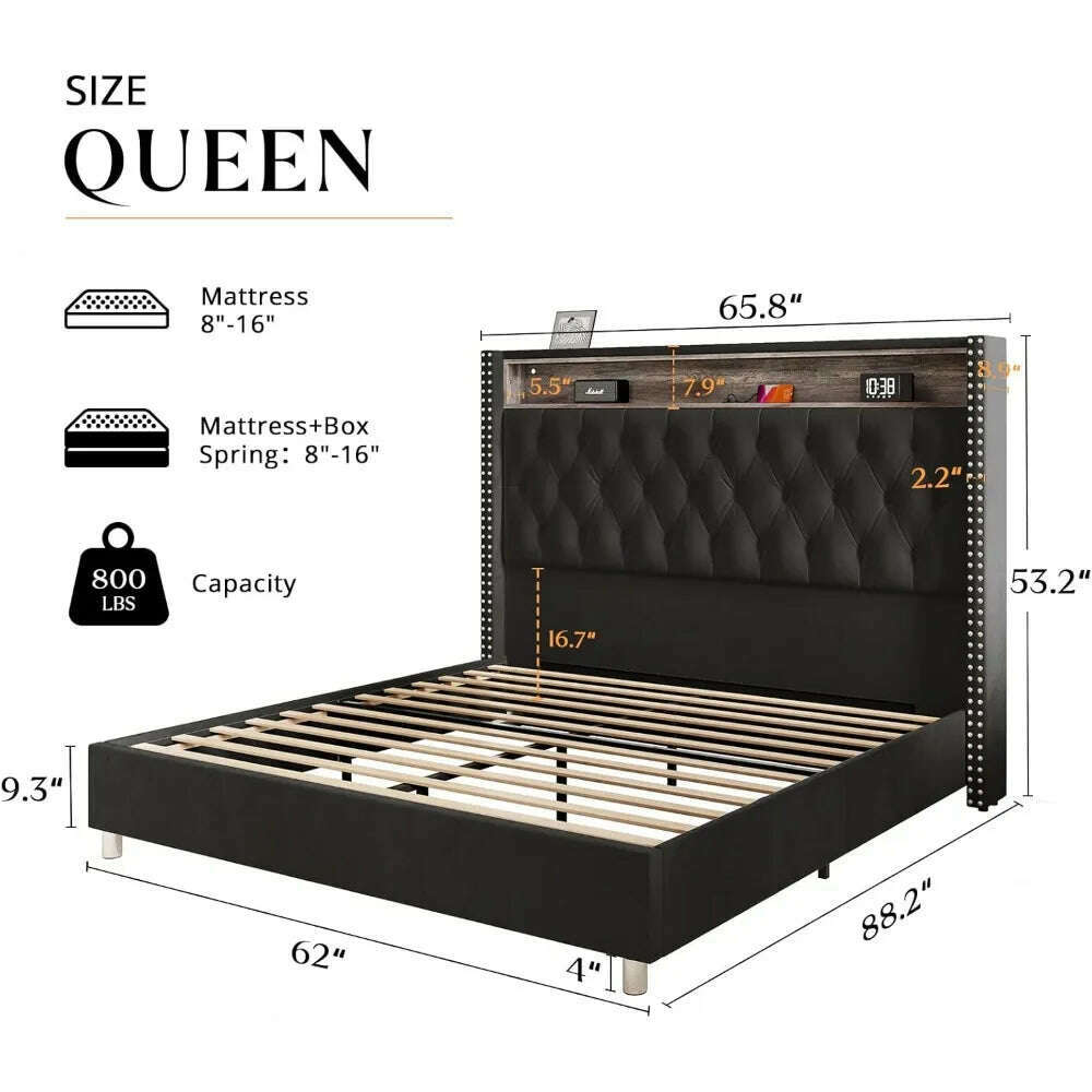 Large Bed Frame 53.6 Inches High Headboard with LED Lights and Charging Station, Velvet High Cushion