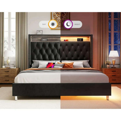 Large Bed Frame 53.6 Inches High Headboard with LED Lights and Charging Station, Velvet High Cushion