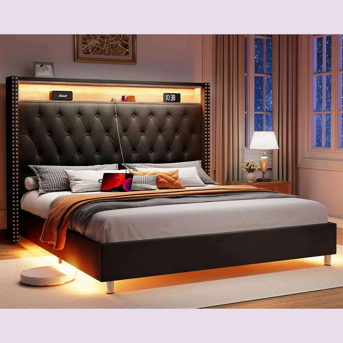 Large Bed Frame 53.6 Inches High Headboard with LED Lights and Charging Station, Velvet High Cushion