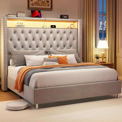 Large Bed Frame 53.6 Inches High Headboard with LED Lights and Charging Station, Velvet High Cushion
