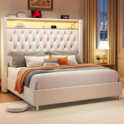 Large Bed Frame 53.6 Inches High Headboard with LED Lights and Charging Station, Velvet High Cushion