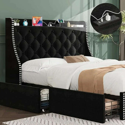 Large Bed Frame with 4 Storage Drawers and Storage Headboard Equipped with Charging Station Diamond Sewn Button Tufted Design