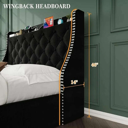 Large Bed Frame with 4 Storage Drawers and Storage Headboard Equipped with Charging Station Diamond Sewn Button Tufted Design