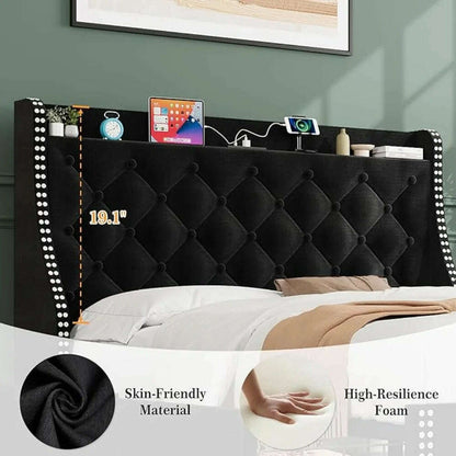 Large Bed Frame with 4 Storage Drawers and Storage Headboard Equipped with Charging Station Diamond Sewn Button Tufted Design