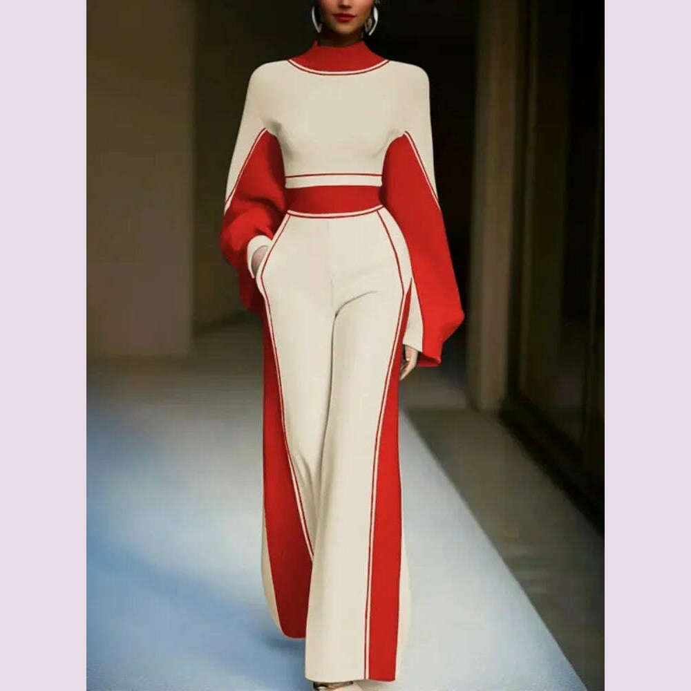 Lemongor Urban Female Stylish Striped High Neck Long Sleeve Zipper Tops & Elastic High Waist Wide Leg Pants Suits Two Piece Sets