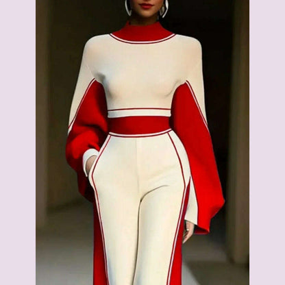 Lemongor Urban Female Stylish Striped High Neck Long Sleeve Zipper Tops & Elastic High Waist Wide Leg Pants Suits Two Piece Sets