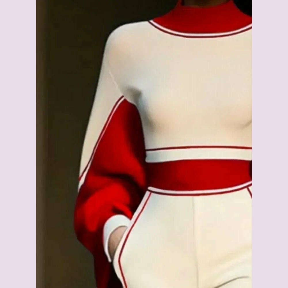 Lemongor Urban Female Stylish Striped High Neck Long Sleeve Zipper Tops & Elastic High Waist Wide Leg Pants Suits Two Piece Sets