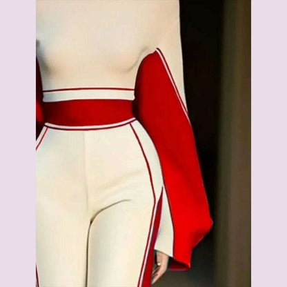 Lemongor Urban Female Stylish Striped High Neck Long Sleeve Zipper Tops & Elastic High Waist Wide Leg Pants Suits Two Piece Sets