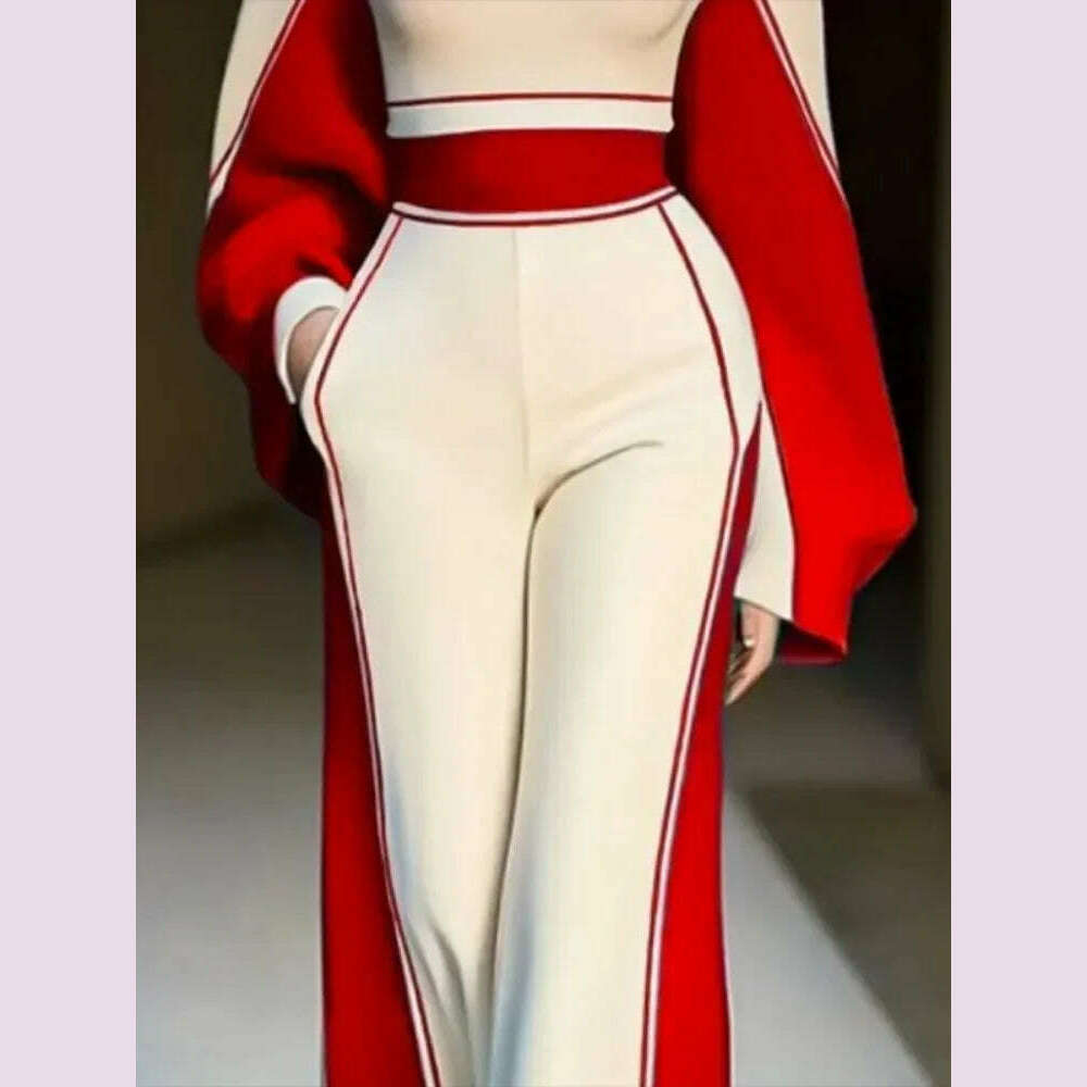 Lemongor Urban Female Stylish Striped High Neck Long Sleeve Zipper Tops & Elastic High Waist Wide Leg Pants Suits Two Piece Sets