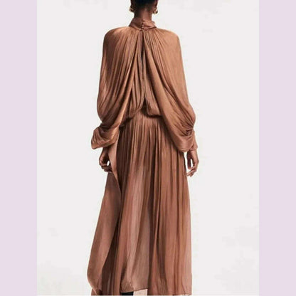 LGRQ Elegant Dress Lace-up Spliced Solid Color High Waist Folds Lantern Sleeve O Neck Women's Dresses 2025 Spring New 19D322