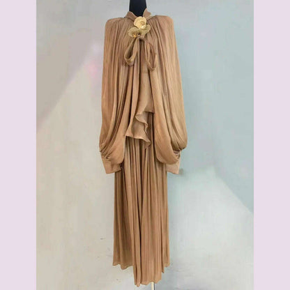 LGRQ Elegant Dress Lace-up Spliced Solid Color High Waist Folds Lantern Sleeve O Neck Women's Dresses 2025 Spring New 19D322