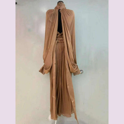 LGRQ Elegant Dress Lace-up Spliced Solid Color High Waist Folds Lantern Sleeve O Neck Women's Dresses 2025 Spring New 19D322