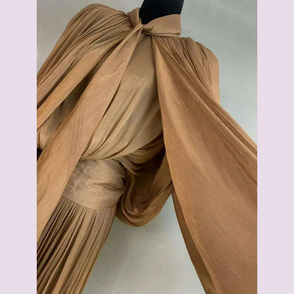 LGRQ Elegant Dress Lace-up Spliced Solid Color High Waist Folds Lantern Sleeve O Neck Women's Dresses 2025 Spring New 19D322
