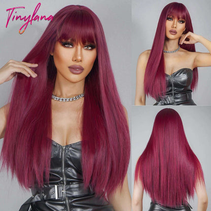 Long Straight Pink Mixed White Synthetic Wigs with Bangs Halloween Cosplay Colorful Wigs for Women Natural Hair Heat Resistant