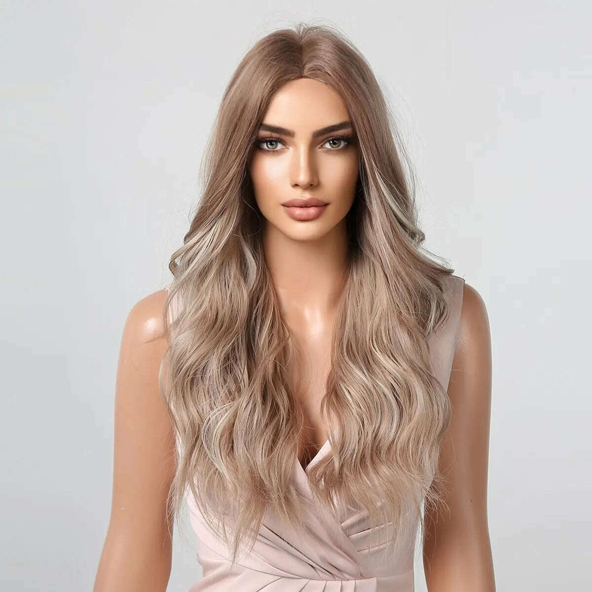 Long Wavy Wigs White Blonde Brown Roots Synthetic Natural Wave Hair Cosplay Wigs for Women High Temperature Fiber Middle Part