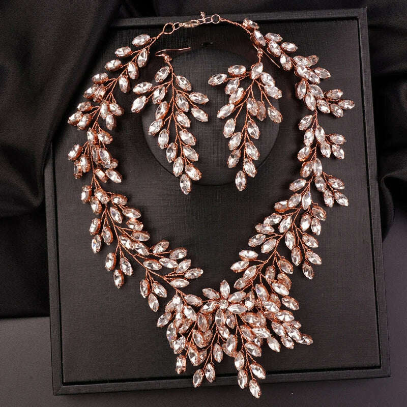 Luxurious Bridal Wedding Handmade Full Rhinestones Necklace Earrings Jewelry Set Dangle Earrings Party Jewelry for Women
