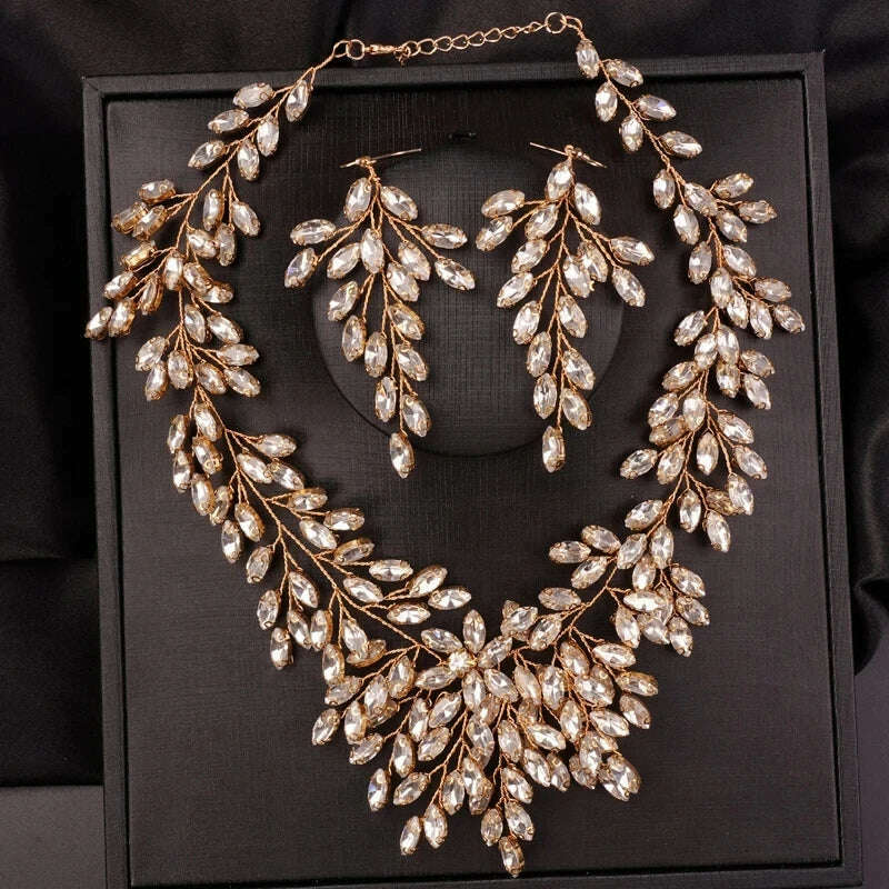 Luxurious Bridal Wedding Handmade Full Rhinestones Necklace Earrings Jewelry Set Dangle Earrings Party Jewelry for Women