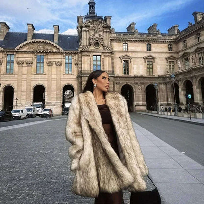 Luxurious Fashion Lapel Faux Fur Midi Coat Women Street Long Sleeve Oversize Cardigan Jacket Winter Thick Warm Female Outerwear