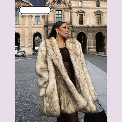 Luxurious Fashion Lapel Faux Fur Midi Coat Women Street Long Sleeve Oversize Cardigan Jacket Winter Thick Warm Female Outerwear