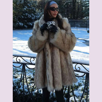 Luxurious Fashion Lapel Faux Fur Midi Coat Women Street Long Sleeve Oversize Cardigan Jacket Winter Thick Warm Female Outerwear