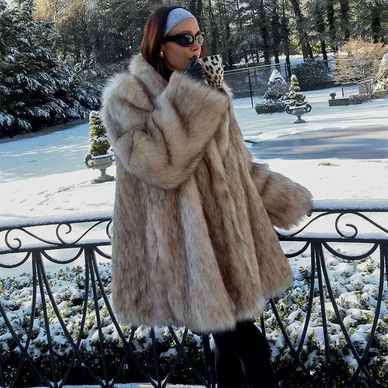 Luxurious Fashion Lapel Faux Fur Midi Coat Women Street Long Sleeve Oversize Cardigan Jacket Winter Thick Warm Female Outerwear