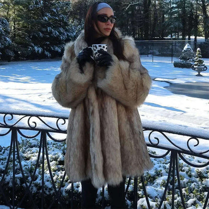 Luxurious Fashion Lapel Faux Fur Midi Coat Women Street Long Sleeve Oversize Cardigan Jacket Winter Thick Warm Female Outerwear