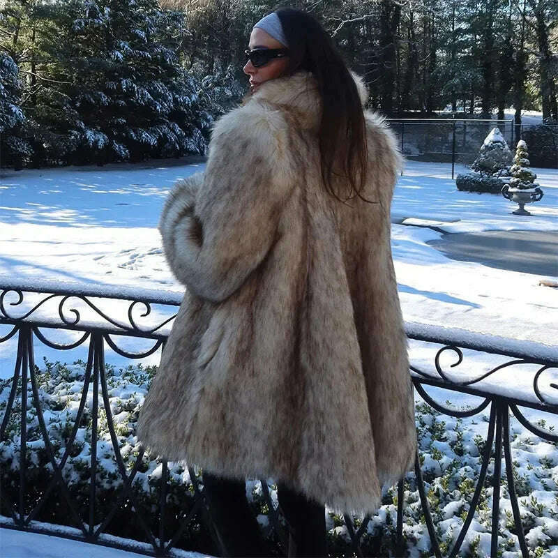 Luxurious Fashion Lapel Faux Fur Midi Coat Women Street Long Sleeve Oversize Cardigan Jacket Winter Thick Warm Female Outerwear