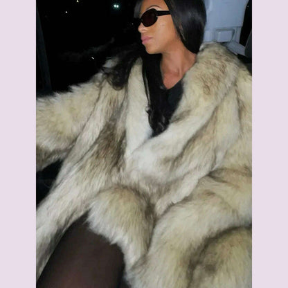 Luxurious Fashion Lapel Faux Fur Midi Coat Women Street Long Sleeve Oversize Cardigan Jacket Winter Thick Warm Female Outerwear