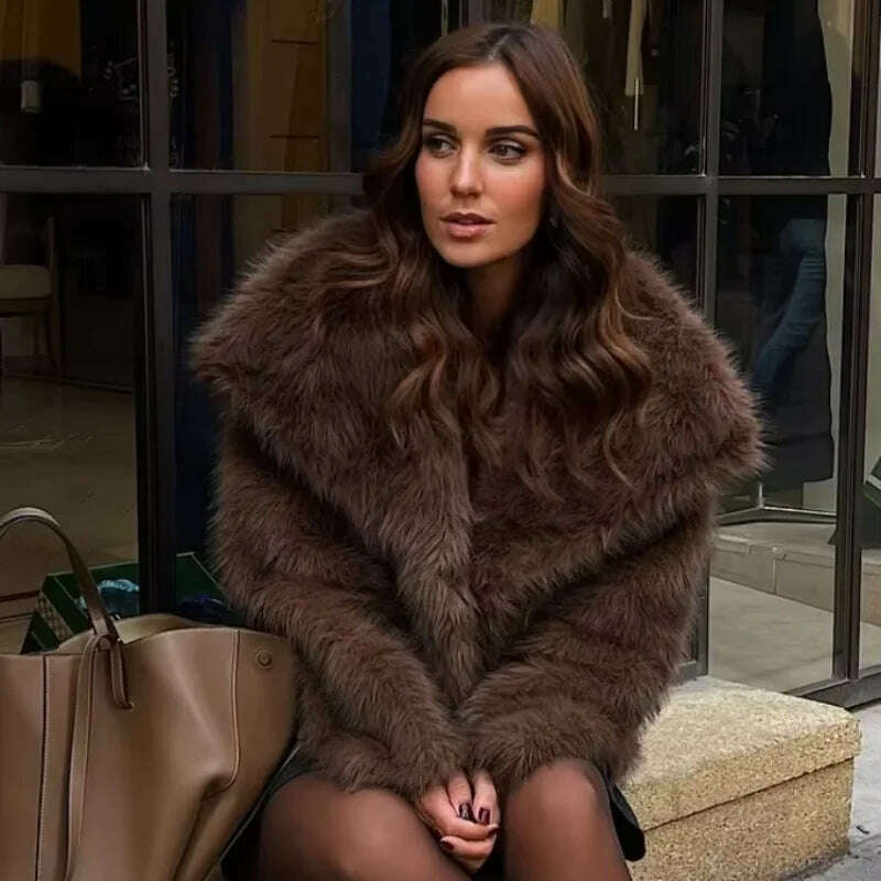 Luxurious Fashion Lapel Faux Fur Midi Coat Women Street Long Sleeve Oversize Cardigan Jacket Winter Thick Warm Female Outerwear
