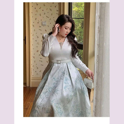 Luxury Big Size Jacquard Dress With Belt Occasion V-Neck Brocade Dress Women Long Sleeve Party Evening Clothing Ball Gown