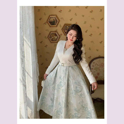 Luxury Big Size Jacquard Dress With Belt Occasion V-Neck Brocade Dress Women Long Sleeve Party Evening Clothing Ball Gown