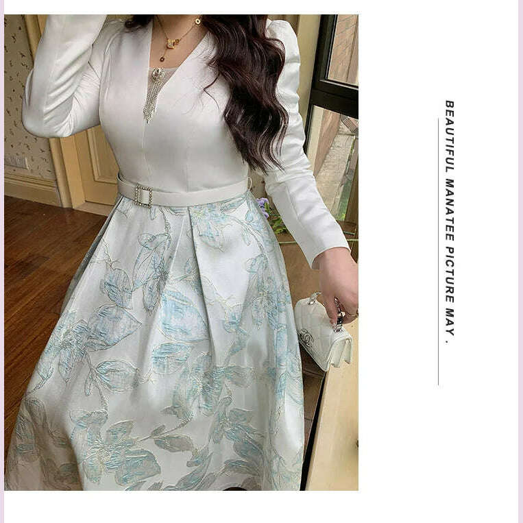 Luxury Big Size Jacquard Dress With Belt Occasion V-Neck Brocade Dress Women Long Sleeve Party Evening Clothing Ball Gown