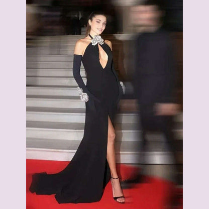Luxury Black Long One-piece Dress Gown Women Halter Key Hole Open Leg with Golves Maxi Long Celebrity Evening Club Party Dresses