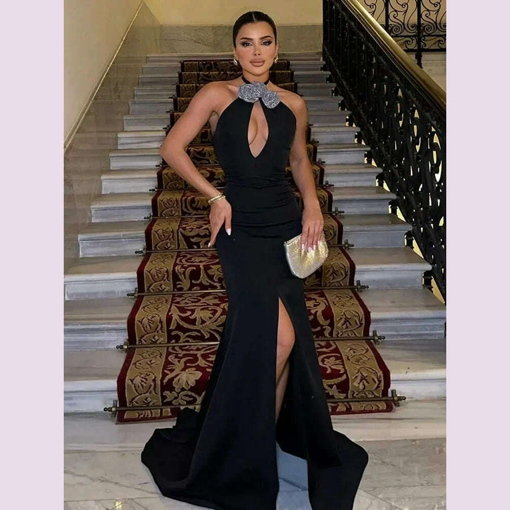 Luxury Black Long One-piece Dress Gown Women Halter Key Hole Open Leg with Golves Maxi Long Celebrity Evening Club Party Dresses
