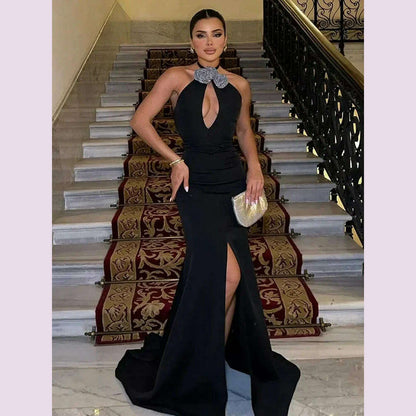 Luxury Black Long One-piece Dress Gown Women Halter Key Hole Open Leg with Golves Maxi Long Celebrity Evening Club Party Dresses
