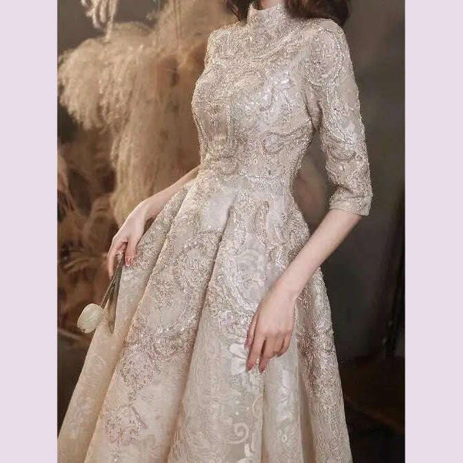 Luxury Champagne Prom Dresses Half Sleeves Lace Beaded Elegant Formal High Neck A-Line Long Wedding Celebrity Evening Gowns New