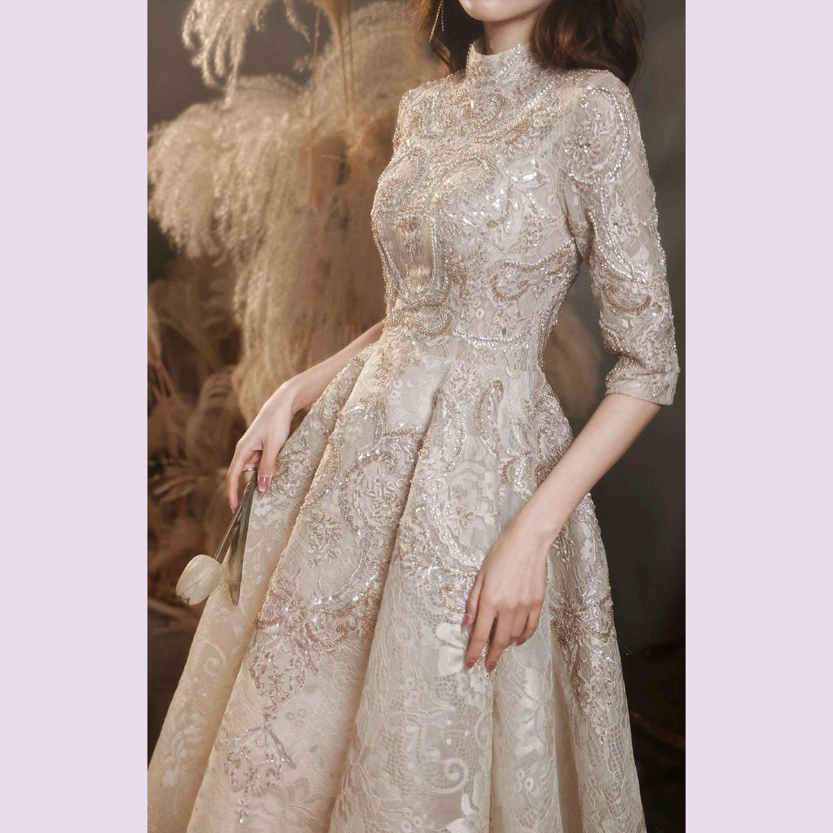 Luxury Champagne Prom Dresses Half Sleeves Lace Beaded Elegant Formal High Neck A-Line Long Wedding Celebrity Evening Gowns New