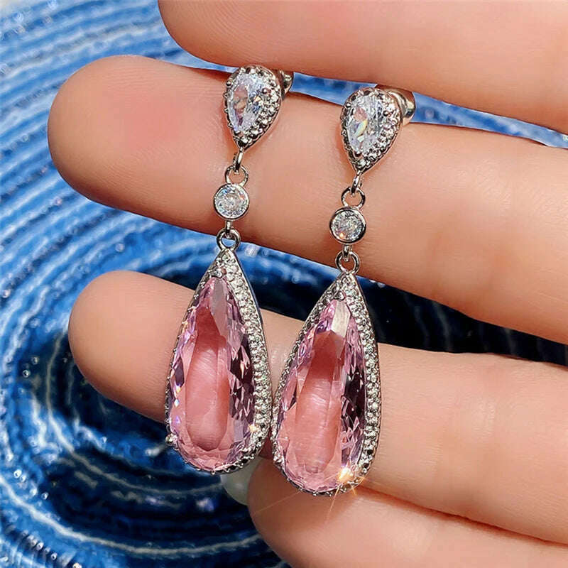 Luxury Fashion Drop Cut Pink Cubic Zirconia CZ Stone Drop Dangle Earrings For Women Banquet Party Jewelry Gift