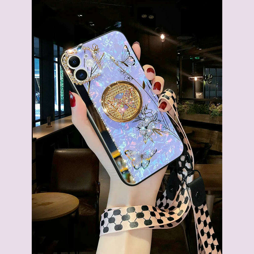 Luxury Glitter Diamond Mirror Butterfly Holder Phone Case For iPhone 15 14 13 12 11 Pro Max X XR XS 7 8 Plus Lanyard Bling Cover