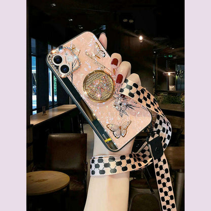 Luxury Glitter Diamond Mirror Butterfly Holder Phone Case For iPhone 15 14 13 12 11 Pro Max X XR XS 7 8 Plus Lanyard Bling Cover