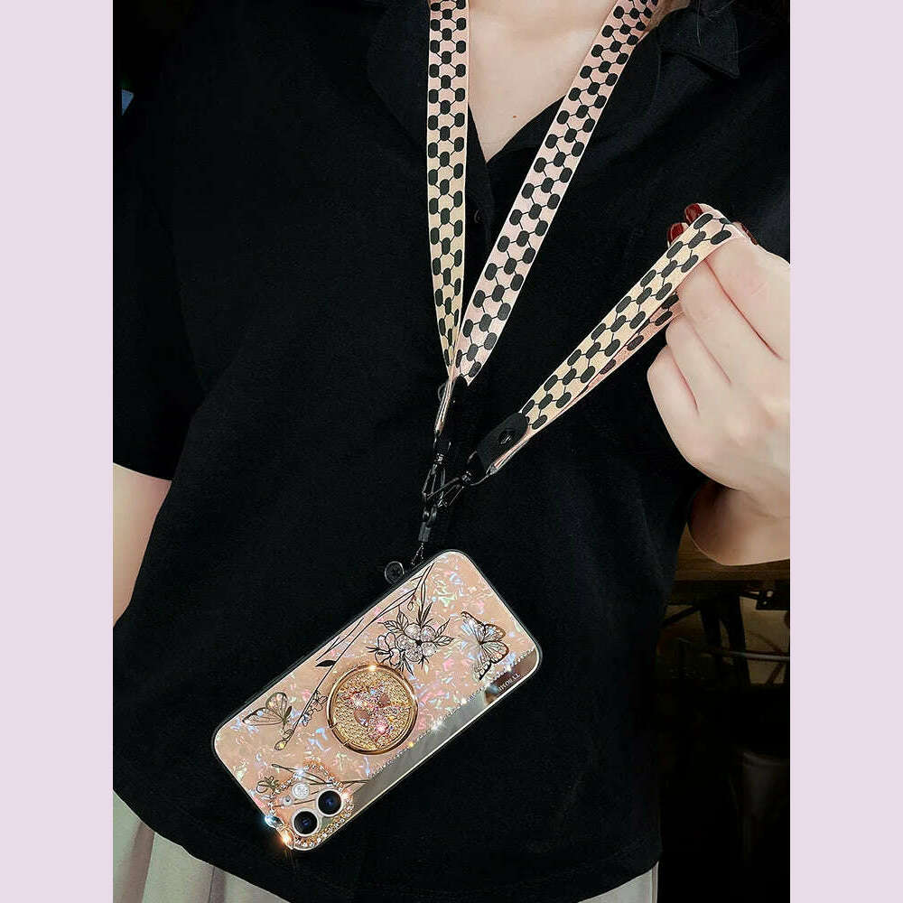 Luxury Glitter Diamond Mirror Butterfly Holder Phone Case For iPhone 15 14 13 12 11 Pro Max X XR XS 7 8 Plus Lanyard Bling Cover