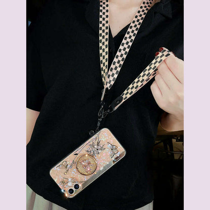 Luxury Glitter Diamond Mirror Butterfly Holder Phone Case For iPhone 15 14 13 12 11 Pro Max X XR XS 7 8 Plus Lanyard Bling Cover