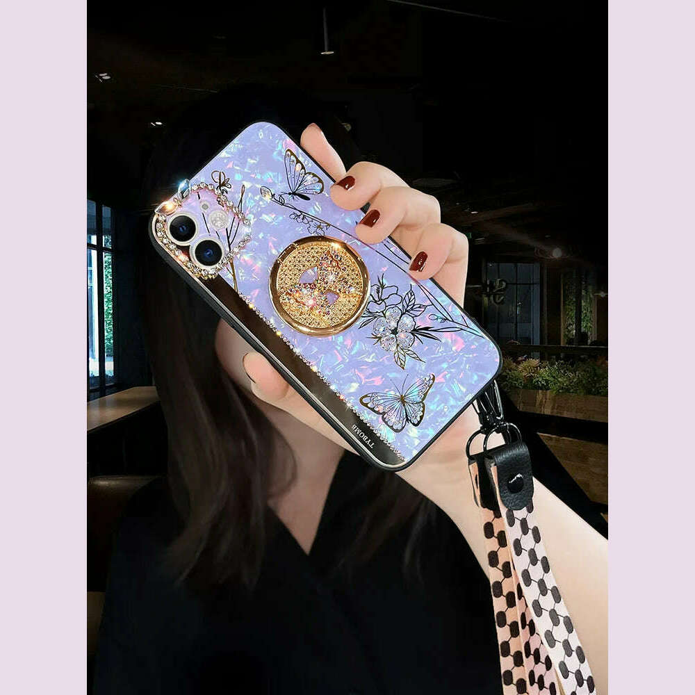 Luxury Glitter Diamond Mirror Butterfly Holder Phone Case For iPhone 15 14 13 12 11 Pro Max X XR XS 7 8 Plus Lanyard Bling Cover