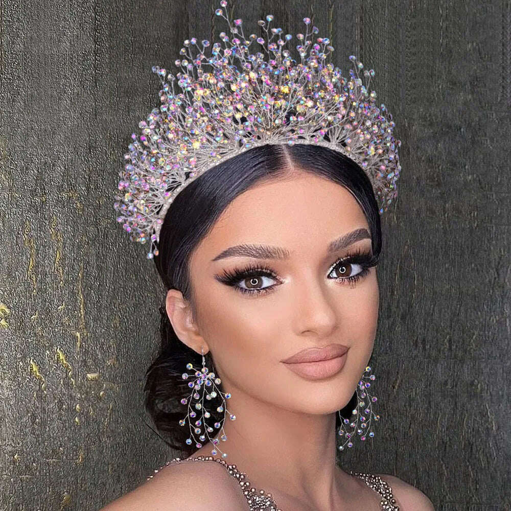 Luxury Wedding Jewelry Set Bridal Headwear Crown Necklace And Earrings AB Color Crystal Rhinestone Jewelry Sets Handmade Unique