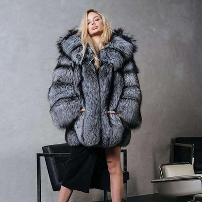 Luxury Women Real Silver Fox Fur Coats Jacket Full Pelt Fluffy Fur Hood Overcoat authentic genuine fur coats free shipping