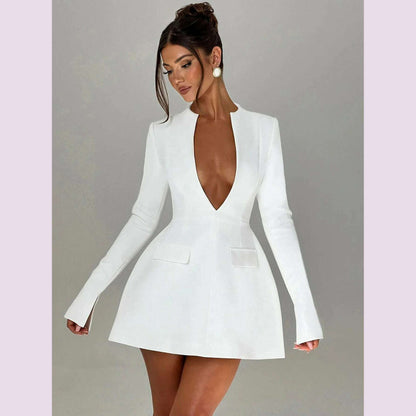 Lygens V Neck Long Sleeve Zipper Back A Line Patchwork Mini Solid Women'S Dresses Wholesale Fashion Gown Fashion Winter Clothes