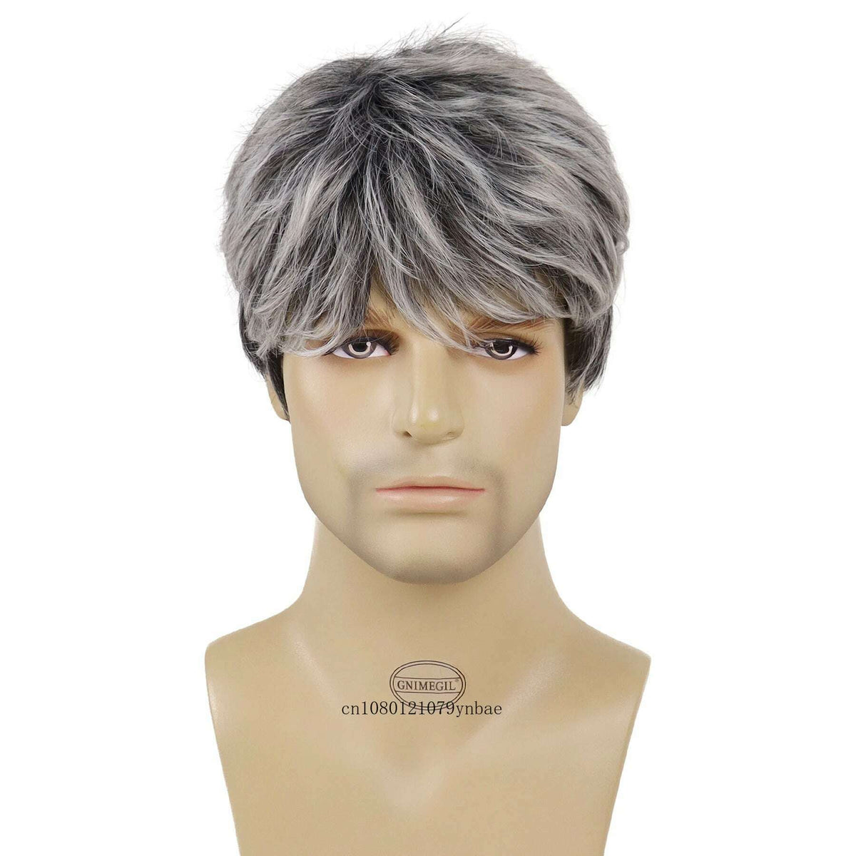 Male Mix Grey Wigs Synthetic Hair Short Wig with Bangs for Men Daddy Hairstyles Gifts Daily Cosplay Costume Party Heat Resistant